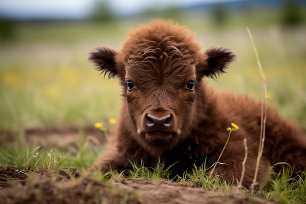 Eine braune Kuh, die auf einem Grasfeld liegt