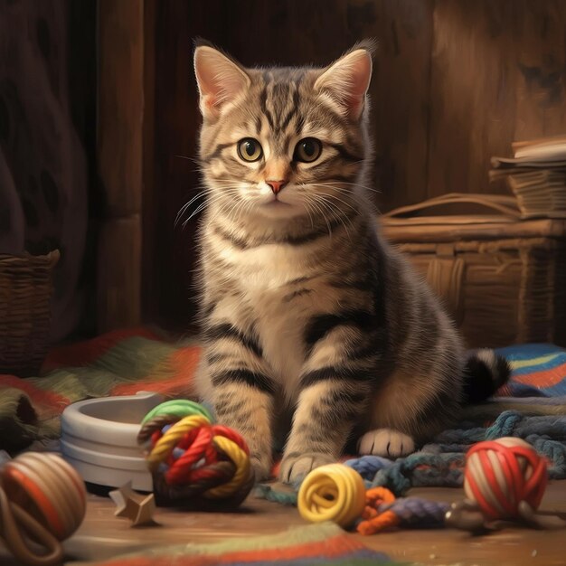 Eine braune Ölgemälde-Katze, die mit seinen Spielzeugen spielt Generative KI