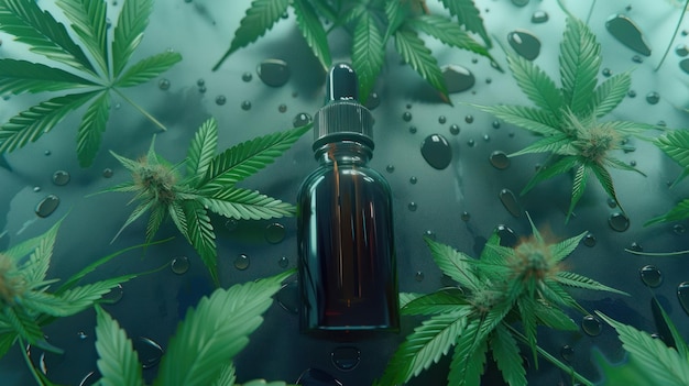 Eine braune Tropfenflasche Cannabisöl, die in einer natürlichen Umgebung zwischen leuchtend grünen Blättern platziert ist