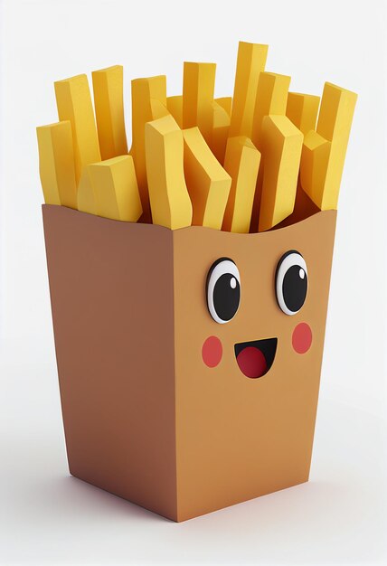 Eine braune Tüte Pommes Frites mit einem Gesicht und einem Smiley.