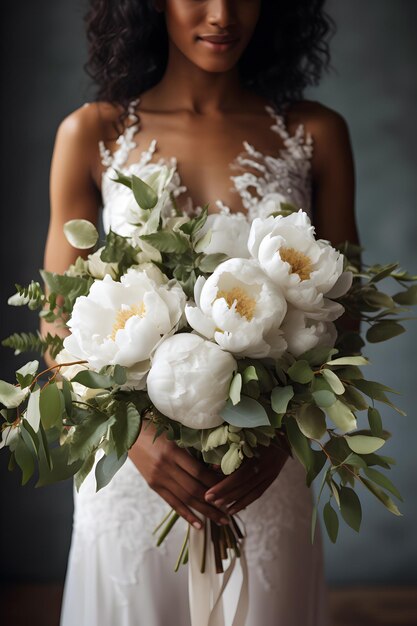 eine Braut hält ein Bouquet weißer Pfingstrosen in der Nähe. Hochzeitsfoto