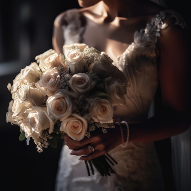 Eine Braut hält einen Strauß Rosen in der Hand.