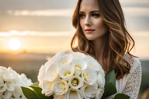 Eine Braut hält einen Strauß weißer Blumen vor einem Sonnenuntergang.