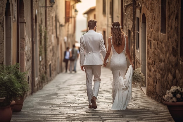 Eine Braut in einem aufwendigen Hochzeitskleid geht Hand in Hand mit ihrem Bräutigam in einem eleganten Anzug