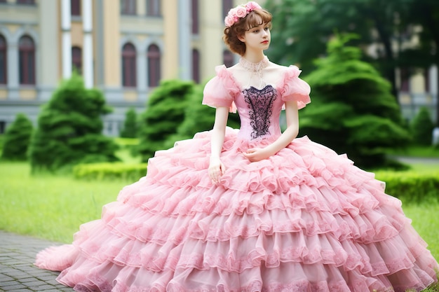 Eine Braut in einem rosa Hochzeitskleid