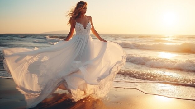 eine Braut in einem weißen Kleid am Strand bei Sonnenuntergang