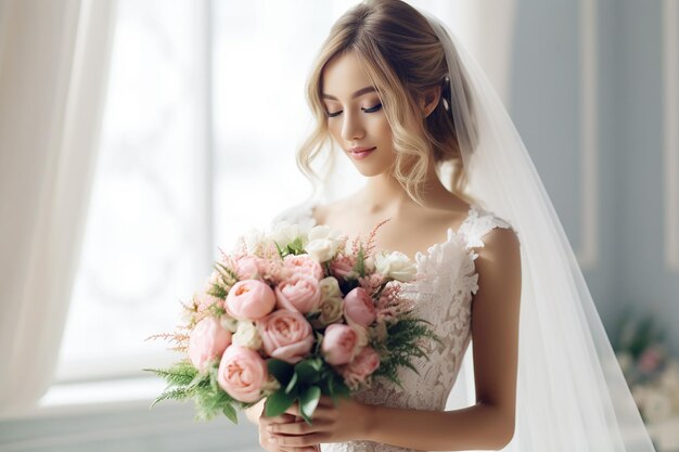 Eine Braut mit einem Blumenstrauß posiert für ihren Hochzeitstag