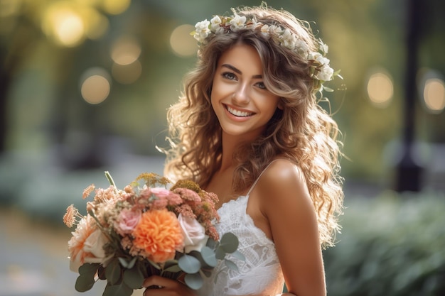 Eine Braut mit einem Blumenstrauß