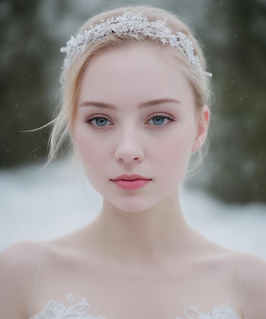 Eine Braut posiert in einem weißen Kleid im Schnee
