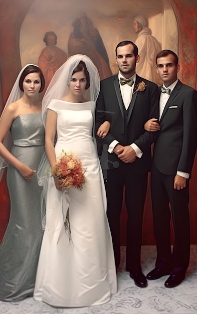 eine Braut und Bräutigam posieren für ein Foto mit einer Braut und Braut