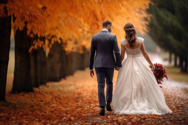 eine Braut und ein Bräutigam gehen einen mit Blättern bedeckten Weg entlang