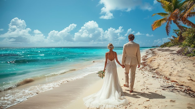 eine Braut und ein Bräutigam gehen Hand in Hand am Strand spazieren