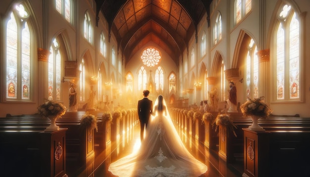 Eine Braut und ein Bräutigam stehen während ihrer Hochzeitszeremonie umgeben von Gästen am Altar in einer schön beleuchteten Kirche