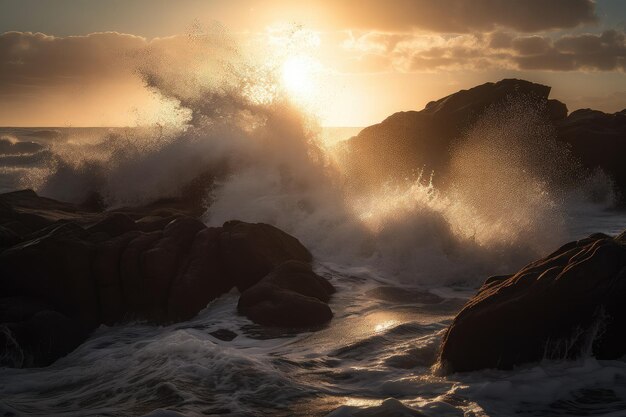 Eine brechende Welle kracht gegen zerklüftete Felsen, im Hintergrund geht die Sonne unter