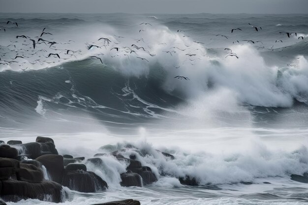 Eine brechende Welle schlägt gegen die Küste, über ihnen fliegen Vögel