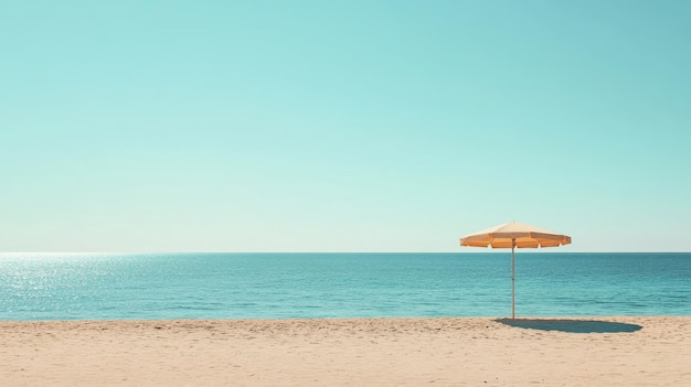 Eine breite Aufnahme eines Sandstrandes mit einem einzigen Strandschirm und einem ruhigen Meer unter einem wolkenlosen Himmel