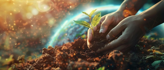 Eine breite Aufnahme von Händen, die eine junge Pflanze pflegen, mit der Erde, die in einem strahlenden Glanz umhüllt ist, die die Bedeutung des umweltfreundlichen Anbaus beleuchtet