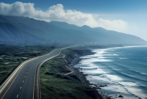 eine breite Autobahn mit Blick auf den Ozean und Bergen dahinter