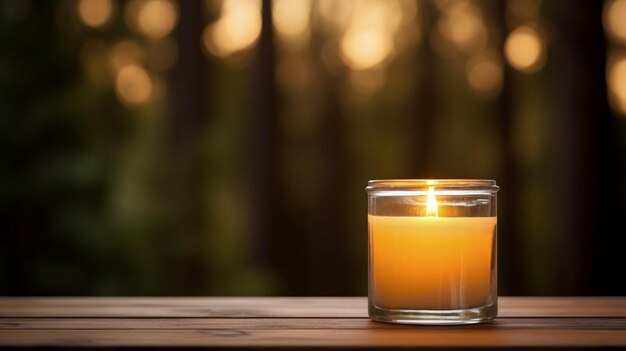 Eine brennende Kerze vor dem Hintergrund eines Garten-Copy-Raums für Selbstpflege und Aromatherapie
