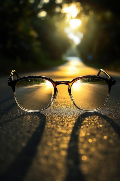 Eine Brille auf einer Straße, auf die die Sonne scheint.