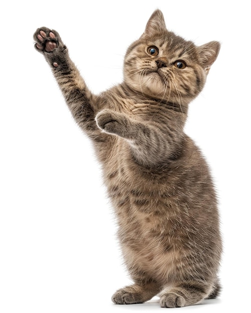Eine britische Kurzhaarkatze steht auf zwei Beinen mit den vorderen Pfoten auf einem weißen Hintergrund