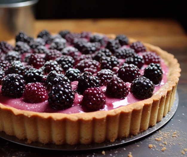 Foto eine brombeer-pudding-torte mit mürbeteigboden