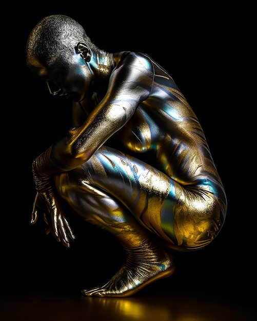 Eine Bronzefigur mit blau-goldener Körperbemalung und der Aufschrift „Gold“.