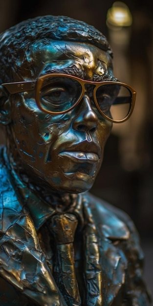 Eine Bronzestatue eines Mannes mit Brille und Hut.