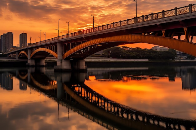 Eine Brücke am Abend mit einem Sonnenuntergang im Hintergrund