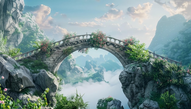 Eine Brücke, auf der Blumen wachsen, wird in einer gebirgigen Landschaft gezeigt