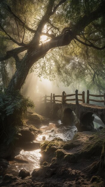 Eine Brücke im Wald, durch die Bäume scheint die Sonne.