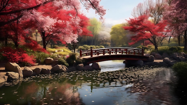 Eine Brücke in einem japanischen Garten mit einem roten Baum im Hintergrund