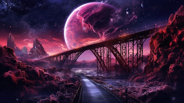 Eine Brücke mit einem rosa Planeten im Hintergrund. Generative KI-Kunst