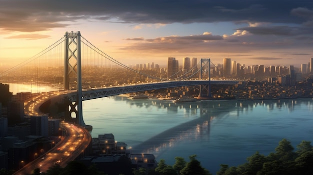 Eine Brücke mit einer Stadt im Hintergrund Generative KI