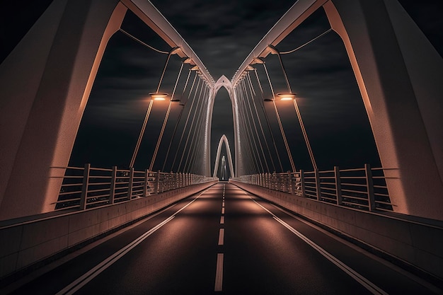 Eine Brücke mit Lichtern und einem dunklen Himmel dahinter