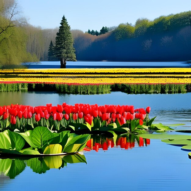 Eine Brücke mit roten Tulpen darauf und einer Spiegelung von Bäumen im Wasser.