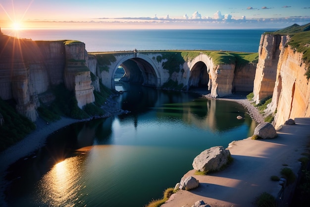 Eine Brücke über dem Wasser, dahinter die untergehende Sonne