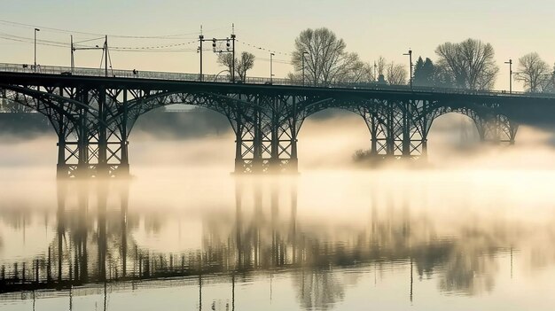 Eine Brücke über den Fluss im morgendlichen Nebel Mystische und geheimnisvolle Atmosphäre der Landschaft KI