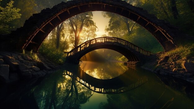 Eine Brücke über einem Fluss mit einem Sonnenuntergang im Hintergrund