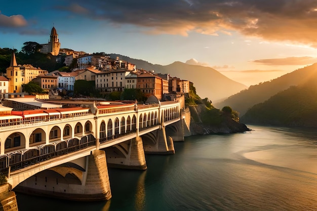 Eine Brücke über einem Fluss mit einem Sonnenuntergang im Hintergrund