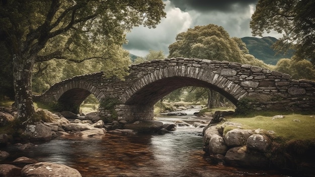 Eine Brücke über einen Fluss mit Bergen im Hintergrund