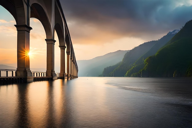 eine Brücke über einen Fluss mit einer Brücke im Hintergrund