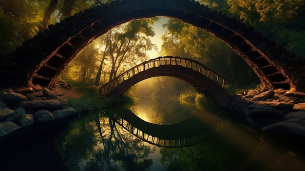 Eine Brücke über einen Fluss mit einer Spiegelung der Sonne