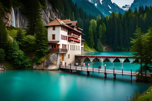 Eine Brücke über einen See mit einer Brücke und einem Berg im Hintergrund.