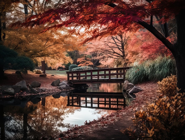 eine Brücke über einen von Bäumen umgebenen Teich