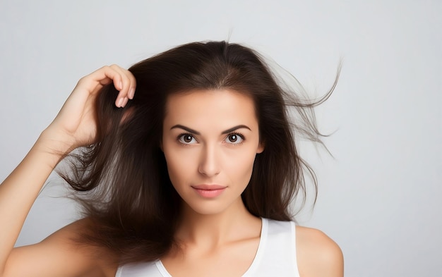 Foto eine brünette frau mit alopezie zeigt ihre spärlichen haare auf weißem hintergrund.