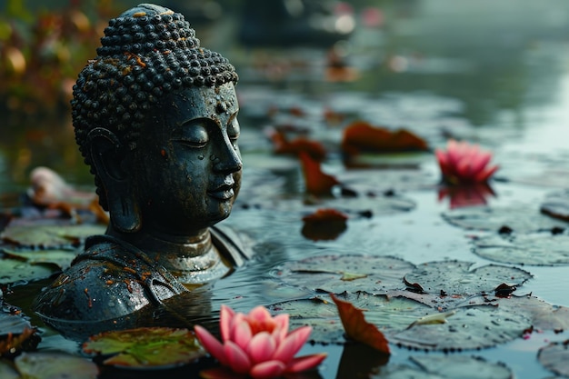 Eine Buddha-Statue, die von Lotus gefülltem Wasser umgeben ist