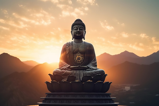 Eine Buddha-Statue mit Bergen im Hintergrund
