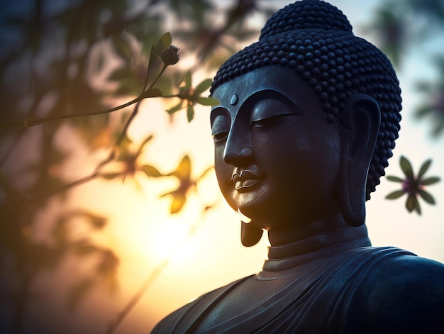 Eine Buddha-Statue mit der Sonne dahinter