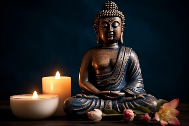 Eine Buddha-Statue mit einer Kerze im Hintergrund
